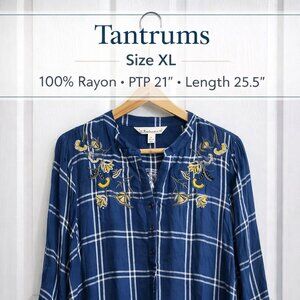 Tantrums Blue Plaid Embroidered Boho Blouse Medium NWT 100% Rayon